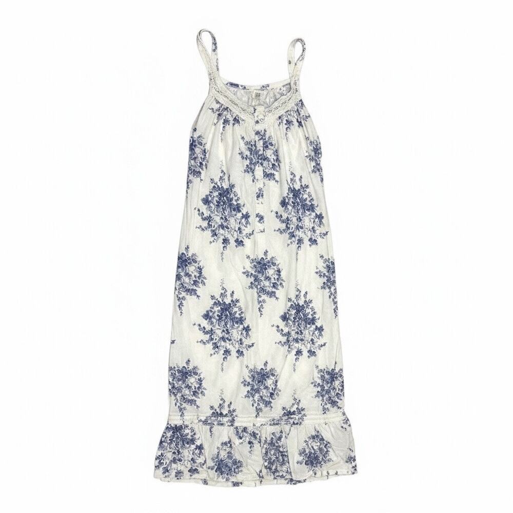 LA CERA Blue White Floral Nightgown Medium Cottagecore Sleep Midi Dress Cotton